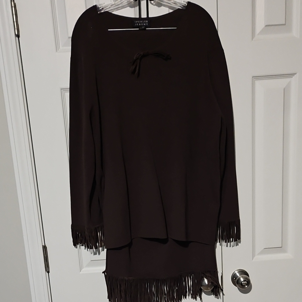 Spenser Jeremy Chocolate Knit Skirt Set With Suede Fringe